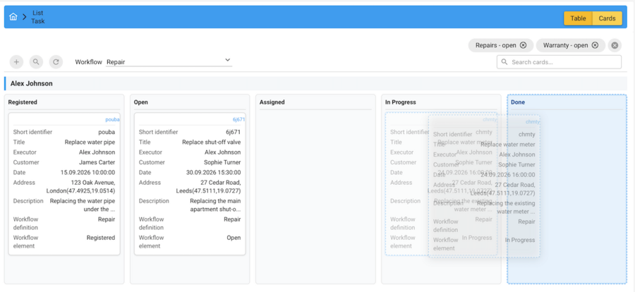 [Card being dragged] Drag & drop in the card view: a card being dragged, valid target columns highlighted