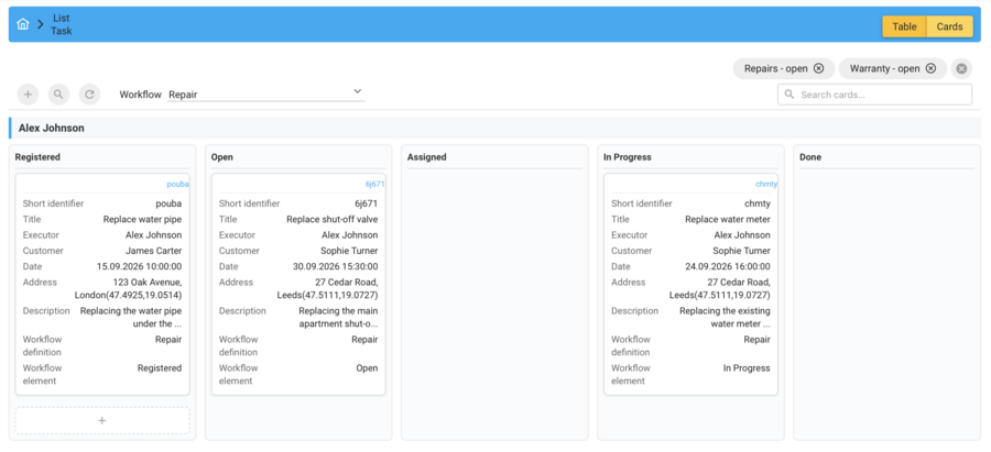 [Card view overview] Overview of the card view: cards in workflow columns, the “+” and search buttons in the action bar, the workflow definition dropdown, the quick search field on the right, and the Table/Cards switcher at the top right