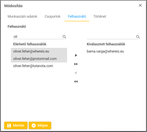 Felhasználók hozzárendelése munkaszámhoz
