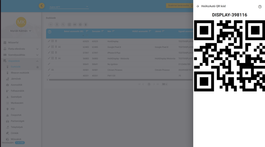 QR-kód a webes felületen, az eszközök nézeten