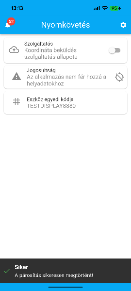 A sikeres párosítás utáni nézet a HolAzAutó mobilalkalmazásban