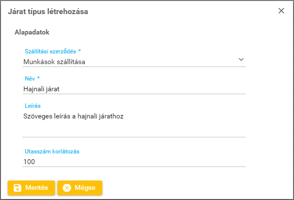 Járat típus létrehozása Járat típus létrehozása